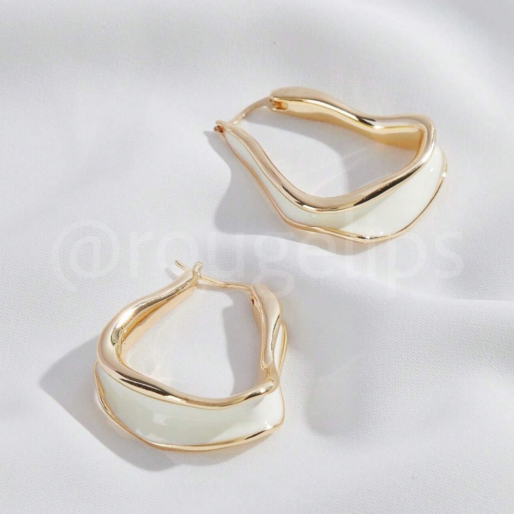 Yellow Gold Tone Irregular Shape Hoop Earrings Off White Filling - Picture 3 of 8